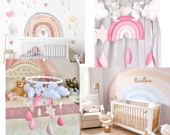 Baby mobile Cute Pink Rainbow with bunnies and raindrops for a girl. Pink baby room decor for a girl.