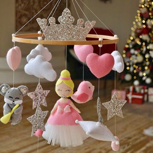 Pink Princess Baby crib mobile for girl. Felt hanging nursery decor Cinderella Crown hearts birds clouds. Baby shower gift Pregnancy Newborn