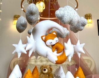 Baby nursery fox mobile mountains woodland animals crib clouds moon stars girl decor faire fantasy felt grey shower pregnancy newborn gift
