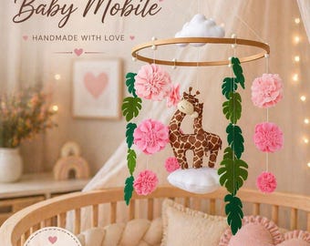 Móvil de cuna con diseño de jirafa, móvil floral para habitación infantil de niña, móvil rosa para bebé, regalo para baby shower, móvil de cuna de fieltro, decoración infantil hecha a mano