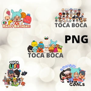 Peut inclure: Une illustration numérique d'un groupe de personnages de dessin animé du jeu Toca Boca. Les personnages sont tous de couleurs différentes et ont des expressions différentes. Le texte "Toca Boca" est écrit en grandes lettres en bas de l'image.