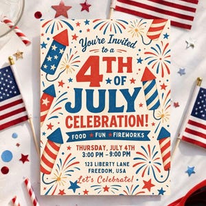 Retro 4th of July Invitation Template, Firework Collage Party Invite, Vintage Patriotic Invite, Independence Day BBQ Invite, Editable Canva