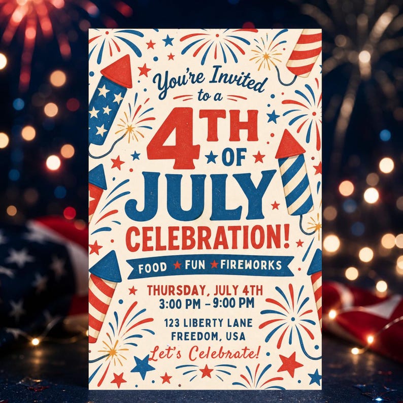 Retro 4th of July Invitation Template, Firework Collage Party Invite, Vintage Patriotic Invite, Independence Day BBQ Invite, Editable Canva