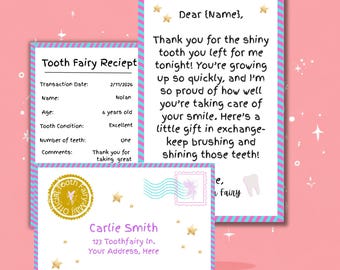 Conjunto Mini Fada do Dente Editável: Recibo e Carta Rosa com Envelope, Kit Fada do Dente, Bilhete para Fada do Dente Perdido, Modelo Digital para Imprimir