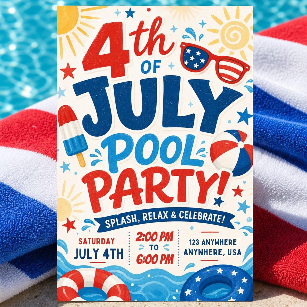 4th of July Pool Party Invitation Template, Patriotic Pool Party Invite ...