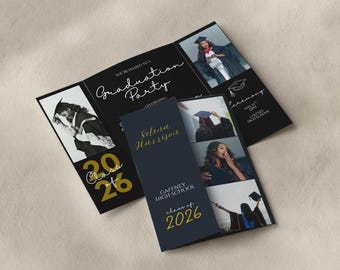Graduation Gatefold Invitation Template Canva, Editable Graduation Invite with Photo, Black Modern Grad Invitation, Printable Announcement