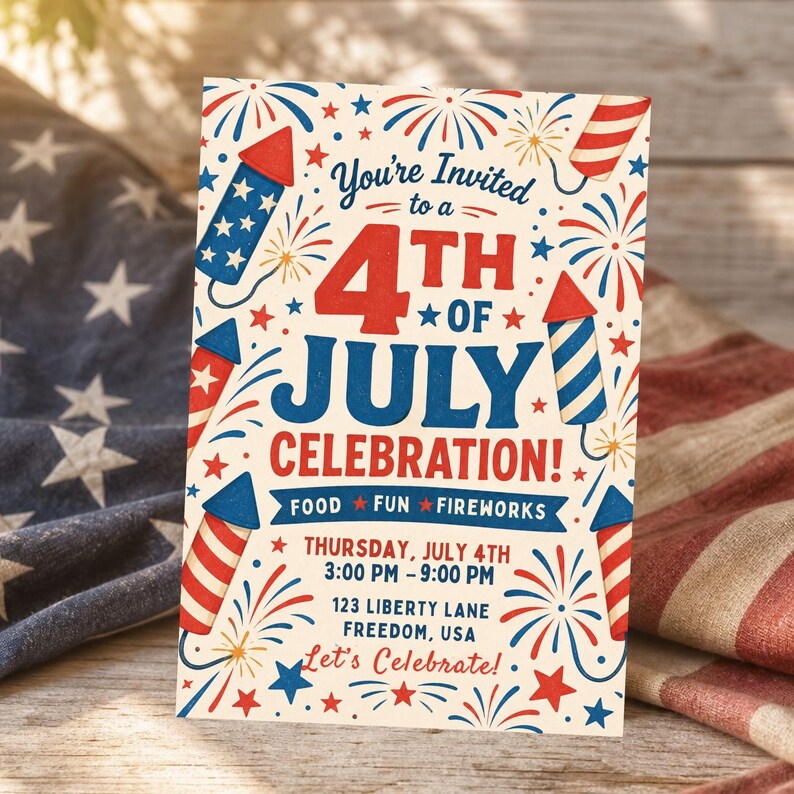 Retro 4th of July Invitation Template, Firework Collage Party Invite, Vintage Patriotic Invite, Independence Day BBQ Invite, Editable Canva