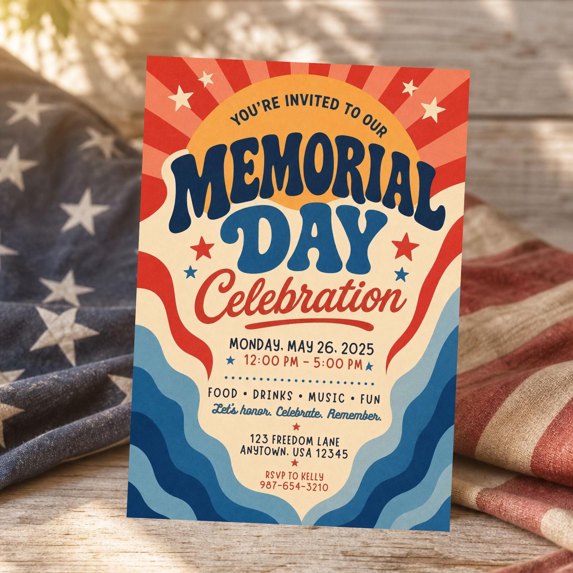 Memorial Day Invitation Template, Red White and Blue Invite, Patriotic ...