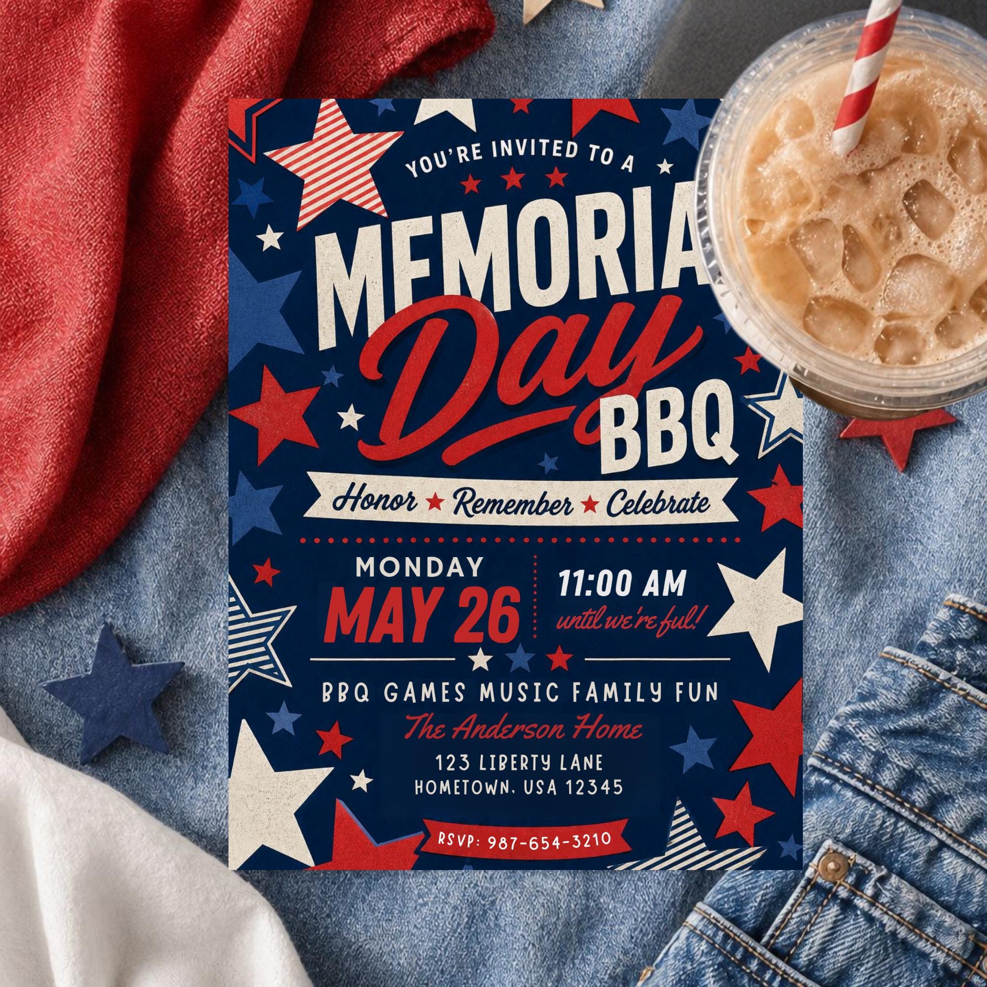 Memorial Day BBQ Invitation Template, Patriotic Stars Party Invite, Red ...