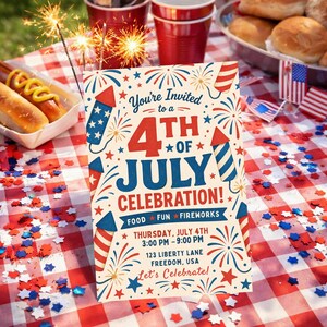 Retro 4th of July Invitation Template, Firework Collage Party Invite, Vintage Patriotic Invite, Independence Day BBQ Invite, Editable Canva