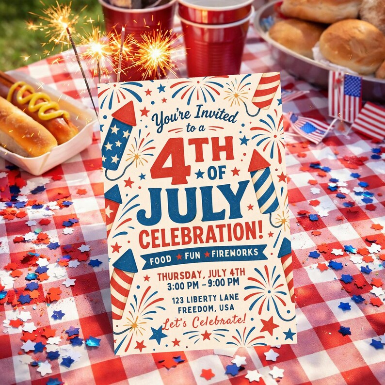 Retro 4th of July Invitation Template, Firework Collage Party Invite, Vintage Patriotic Invite, Independence Day BBQ Invite, Editable Canva