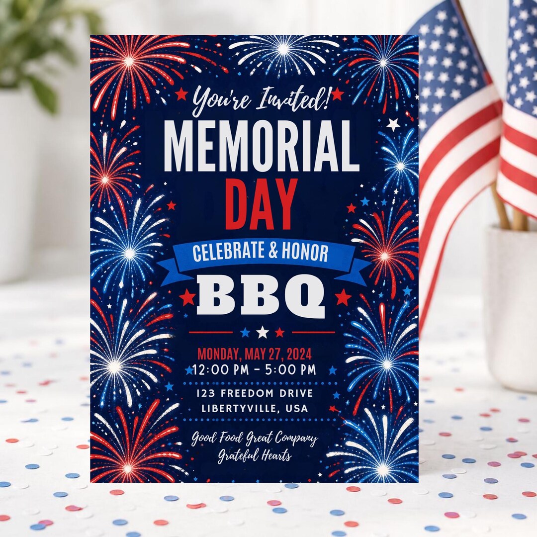 Memorial Day BBQ Invitation Template, Fireworks Patriotic Party Invite ...