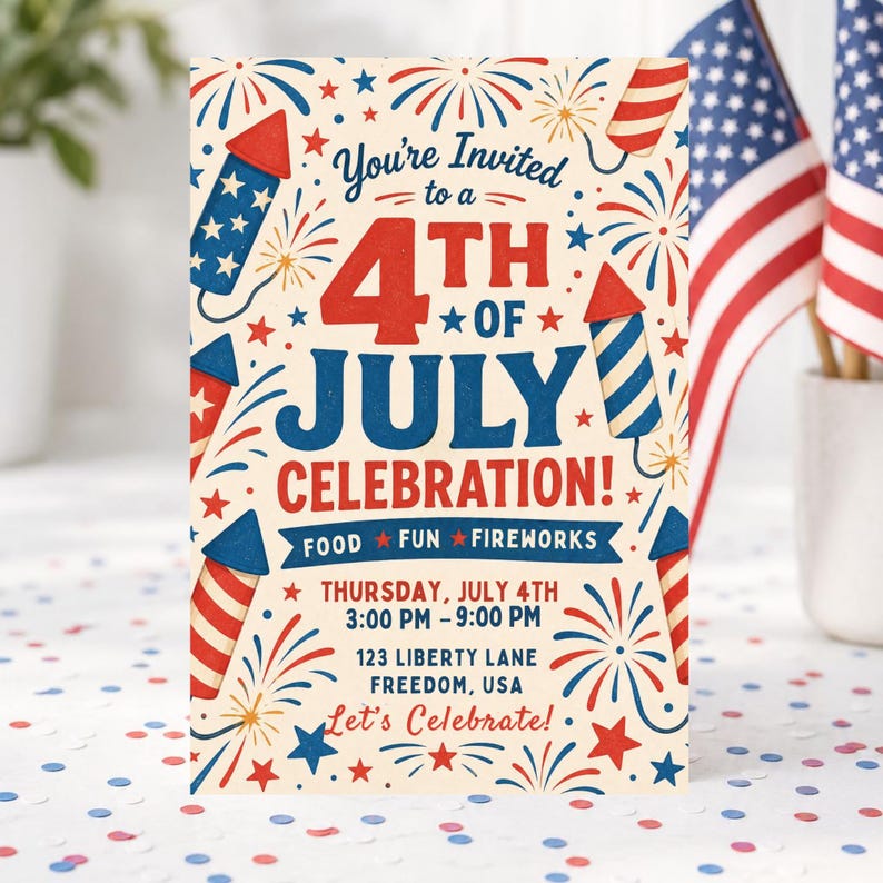 Retro 4th of July Invitation Template, Firework Collage Party Invite, Vintage Patriotic Invite, Independence Day BBQ Invite, Editable Canva
