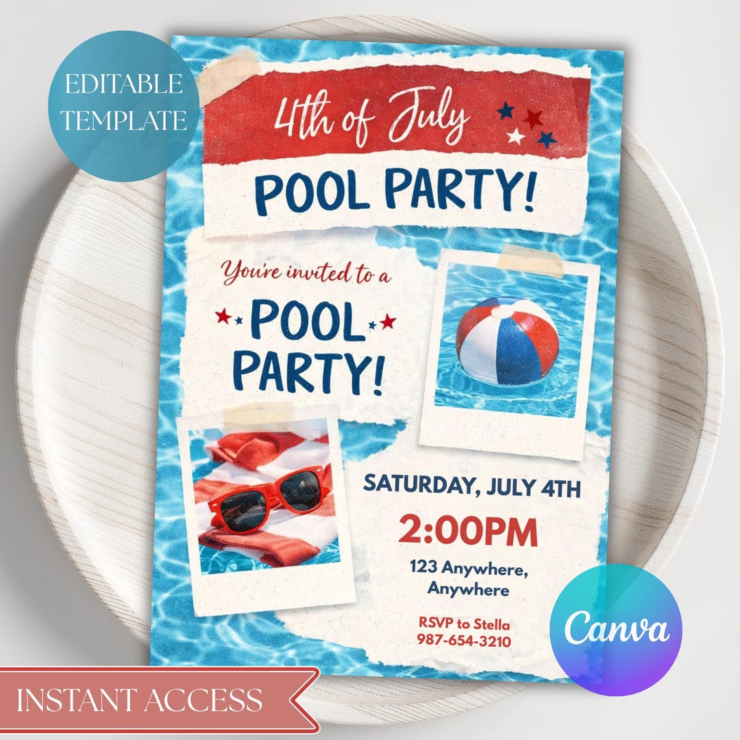 4th of July Pool Party Invitation Template, Patriotic Summer Pool ...
