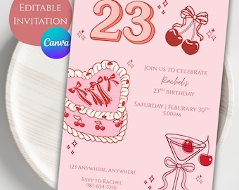 Cherry 23rd Birthday Invitation Template | Pink Coquette Birthday Invite | Editable Canva Invite | Girly 23rd Birthday Party