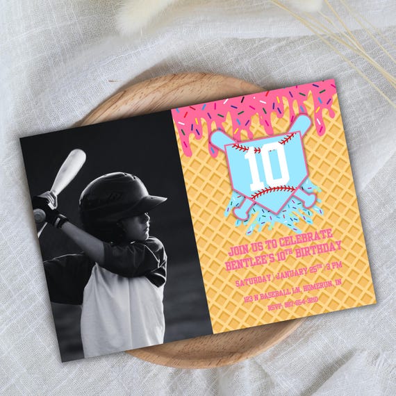 Ice Cream Baseball Birthday Invitation | Editable Sports Party Invite | Drip Baseball Birthday Template | Kids Summer Birthday | Canva Invit