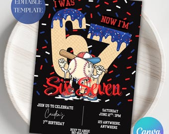 Six Seven Birthday Invitation • 6 to 7 Kids Birthday Invite • Baseball Melted Ice Cream Theme • Editable Birthday Party Invitation • Boy Age