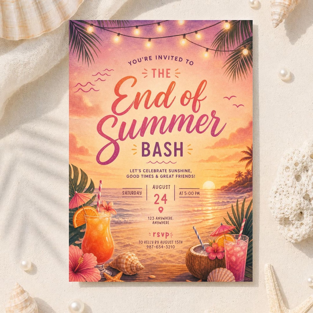 End of Summer Bash Invitation Template, Tropical Beach Party Invite ...