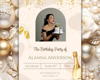 Champagne Birthday Invitation | Gold Birthday Party Invite | Printable Birthday Invitation Template | Editable Birthday Evite