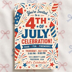 Retro 4th of July Invitation Template, Firework Collage Party Invite, Vintage Patriotic Invite, Independence Day BBQ Invite, Editable Canva