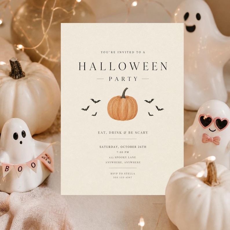Minimal Halloween Invitation Template, Modern Halloween Party Invite, Simple Pumpkin Halloween Invitation, Editable Canva Halloween Invite