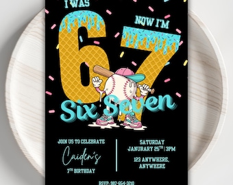 Six Seven Birthday Invitation • 6 to 7 Kids Birthday Invite • Baseball Melted Ice Cream Theme • Editable Birthday Party Invitation • Boy Age