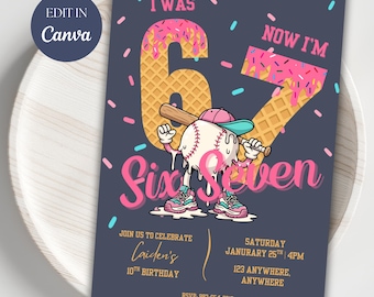 Six Seven Birthday Invitation • 6 to 7 Kids Birthday Invite • Baseball Melted Ice Cream Theme • Editable Party Invitation • 7th birthday