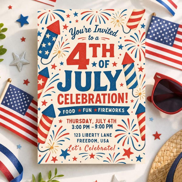 Retro 4th of July Invitation Template, Firework Collage Party Invite, Vintage Patriotic Invite, Independence Day BBQ Invite, Editable Canva