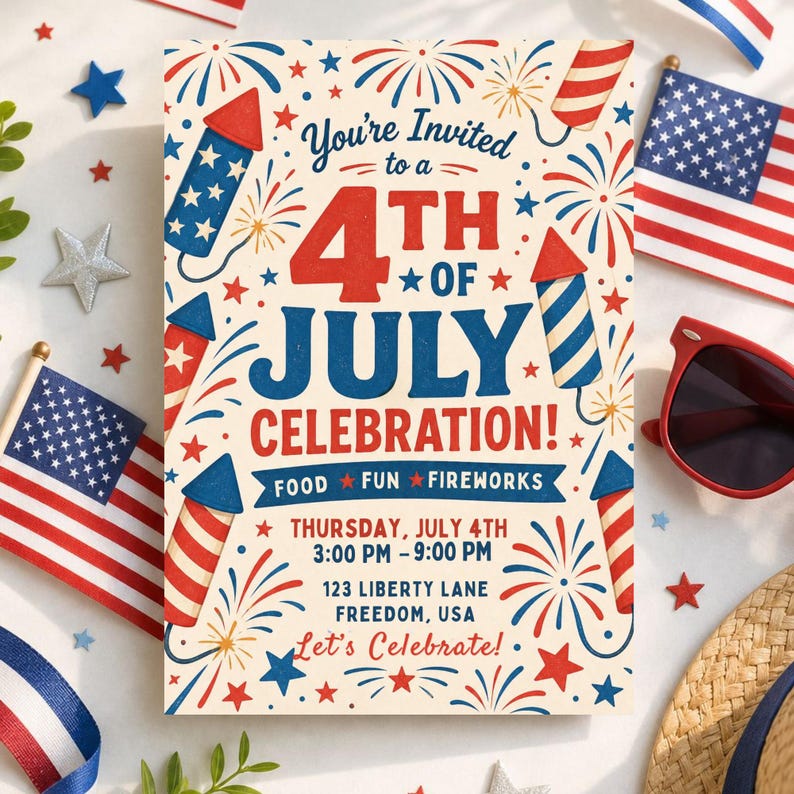 Retro 4th of July Invitation Template, Firework Collage Party Invite, Vintage Patriotic Invite, Independence Day BBQ Invite, Editable Canva
