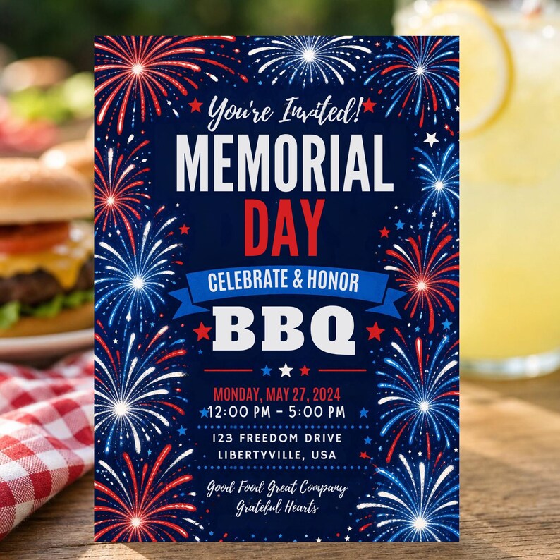 Memorial Day BBQ Invitation Template, Fireworks Patriotic Party Invite ...