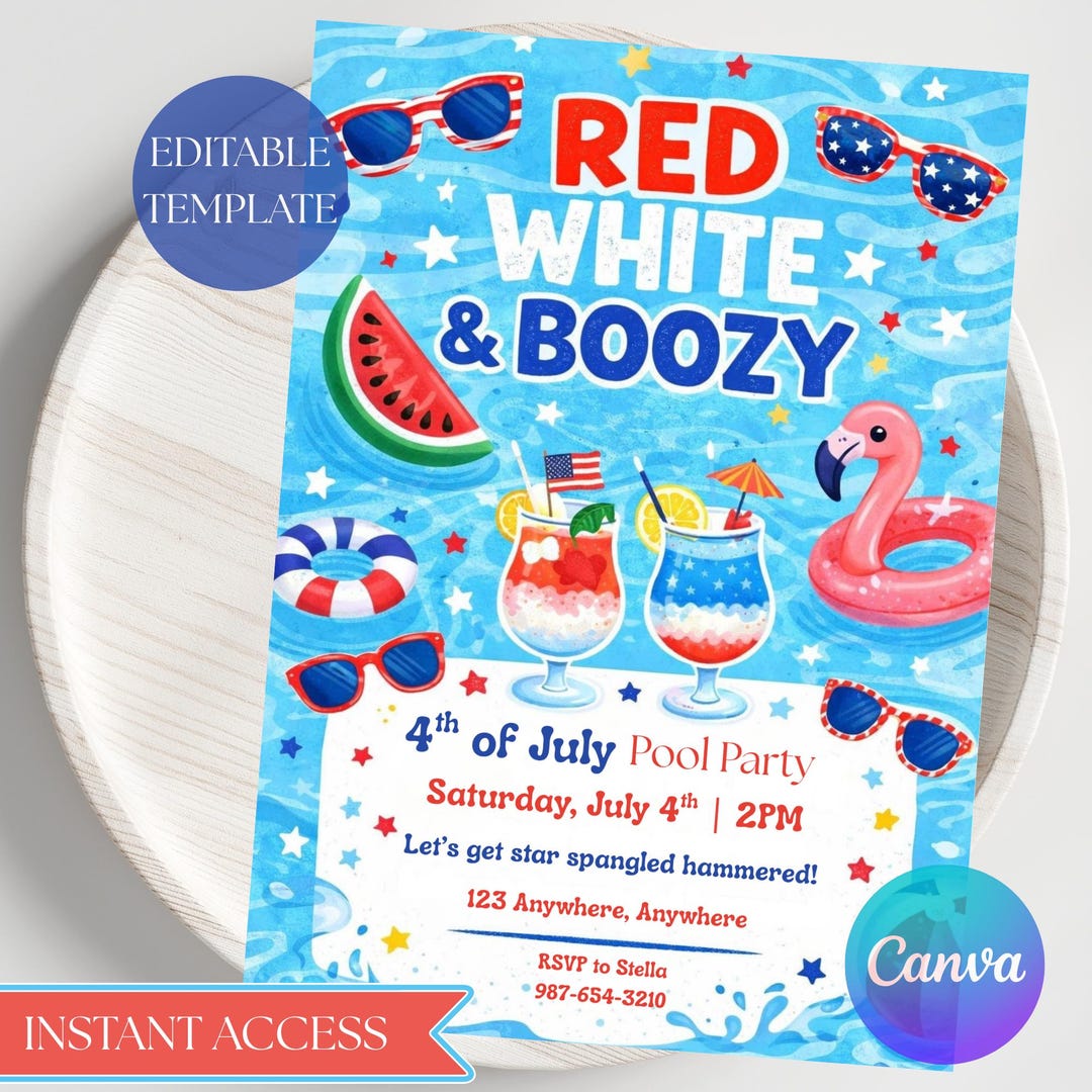 Red White and Boozy Invitation Template, 4th of July Pool Party Invite ...