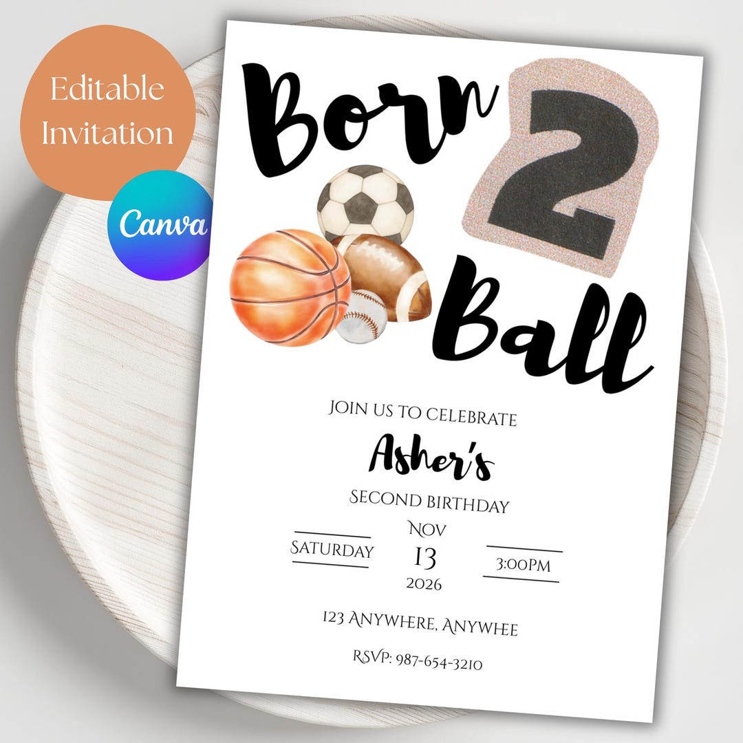 Born 2 Ball Birthday Invitation | Sports 2nd Birthday Invite | Boy ...
