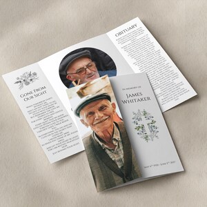 May include: A tri-fold obituary for James Whitaker, featuring a portrait of the deceased. The cover includes the text "In Memory of James Whitaker" and a floral cross design. The inside panels contain additional text and a poem.