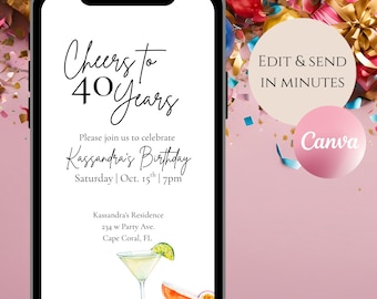 Editable 40th Birthday Invitation | Digital Cocktail Party Invite | Cheers to 40 Years Canva Template