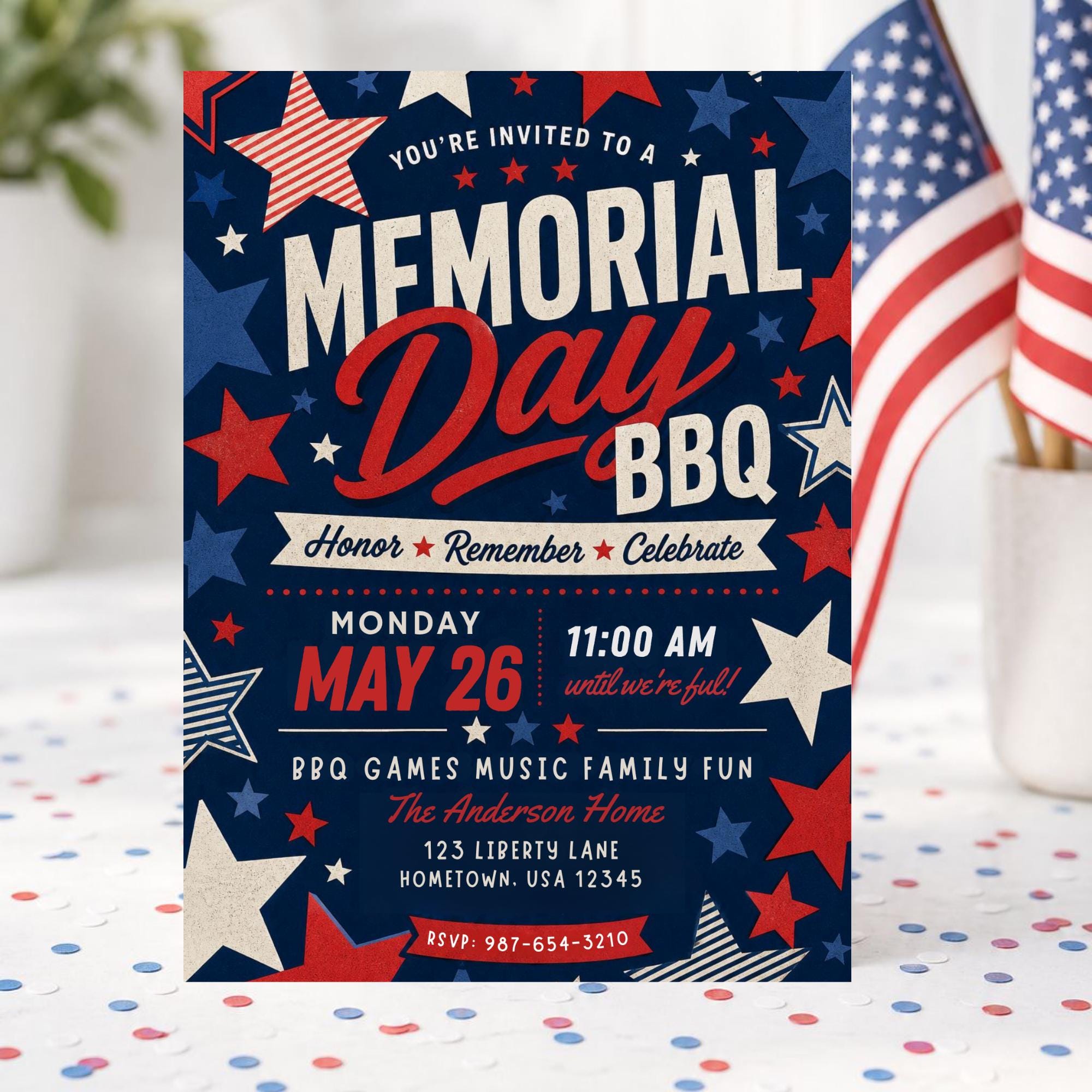 Memorial Day BBQ Invitation Template, Patriotic Stars Party Invite, Red ...