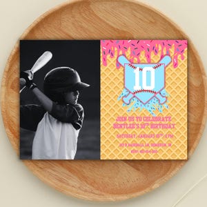 May include: Baseball-themed birthday invitation featuring a black and white photo of a child swinging a bat. The right side has a baseball graphic with the number 10, pink sprinkles, and text inviting guests to celebrate Bentlee's 10th birthday.