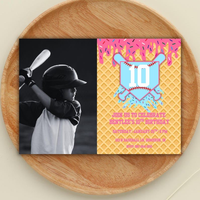May include: Baseball-themed birthday invitation featuring a black and white photo of a child swinging a bat. The right side has a baseball graphic with the number 10, pink sprinkles, and text inviting guests to celebrate Bentlee's 10th birthday.