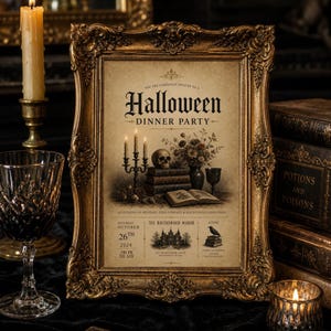 Peut inclure: Un cadre doré orné rectangulaire contenant une invitation imprimée pour un dîner d'Halloween. Le texte indique la date du 26 octobre 2024, le lieu Ravenswood Manor, et une illustration de crâne, livres, bougies et un corbeau.