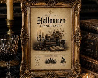May include: A rectangular gold ornate frame containing a printed Halloween dinner party invitation. The text includes the date October 26th 2024, the location Ravenswood Manor, and an illustration of a skull, books, candles, and a raven.