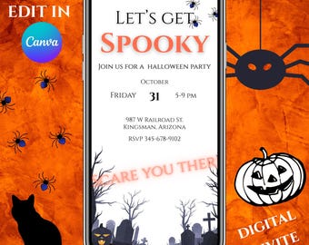 Könnte beinhalten: Digitale Halloween-Party-Einladung auf einem Smartphone-Bildschirm. Die Einladung lautet "Let's Get Spooky" mit Veranstaltungsdetails. Der Hintergrund ist orange mit schwarzen Spinnen- und Fledermaus-Silhouetten, einer schwarzen Katze und einem Kürbis.