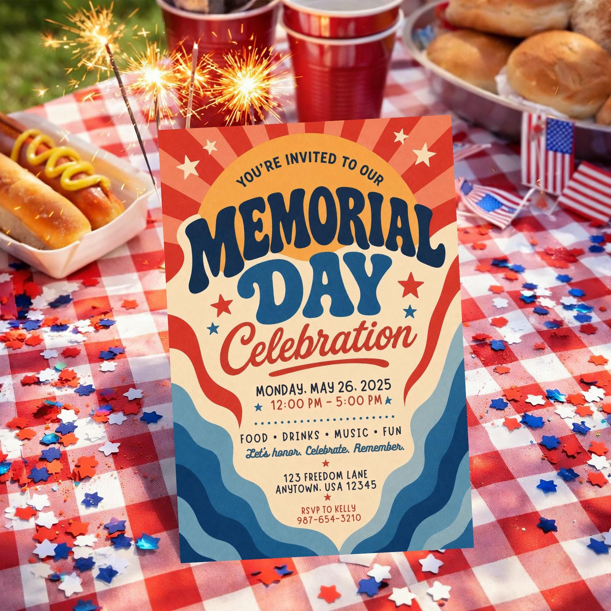 Memorial Day Invitation Template, Red White and Blue Invite, Patriotic ...