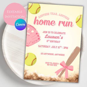 Pink Softball Birthday Invitation | Another Year Another Home Run Invite | Girls Softball Party | Editable Printable Invitation | Sports
