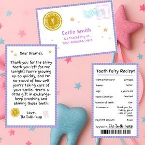 Mini set modificabile della fatina dei denti, ricevuta rosa e lettera con busta, kit della fatina dei denti, nota della fatina dei denti smarrita, modello digitale stampabile