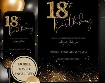 May include: A black birthday invitation card featuring gold glitter text that reads 18th Birthday, Join us to celebrate the 18th birthday of Aliyah Johnson, Friday February 18th 3PM, 123 Anywhere, Anywhere, with gold glitter at the bottom.