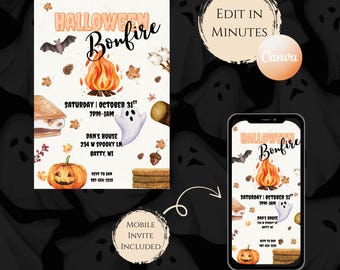 Editable Halloween Bonfire Invitation | Fall Party Invite 5x7 & Mobile | Digital Download | Halloween Evite Template | Canva