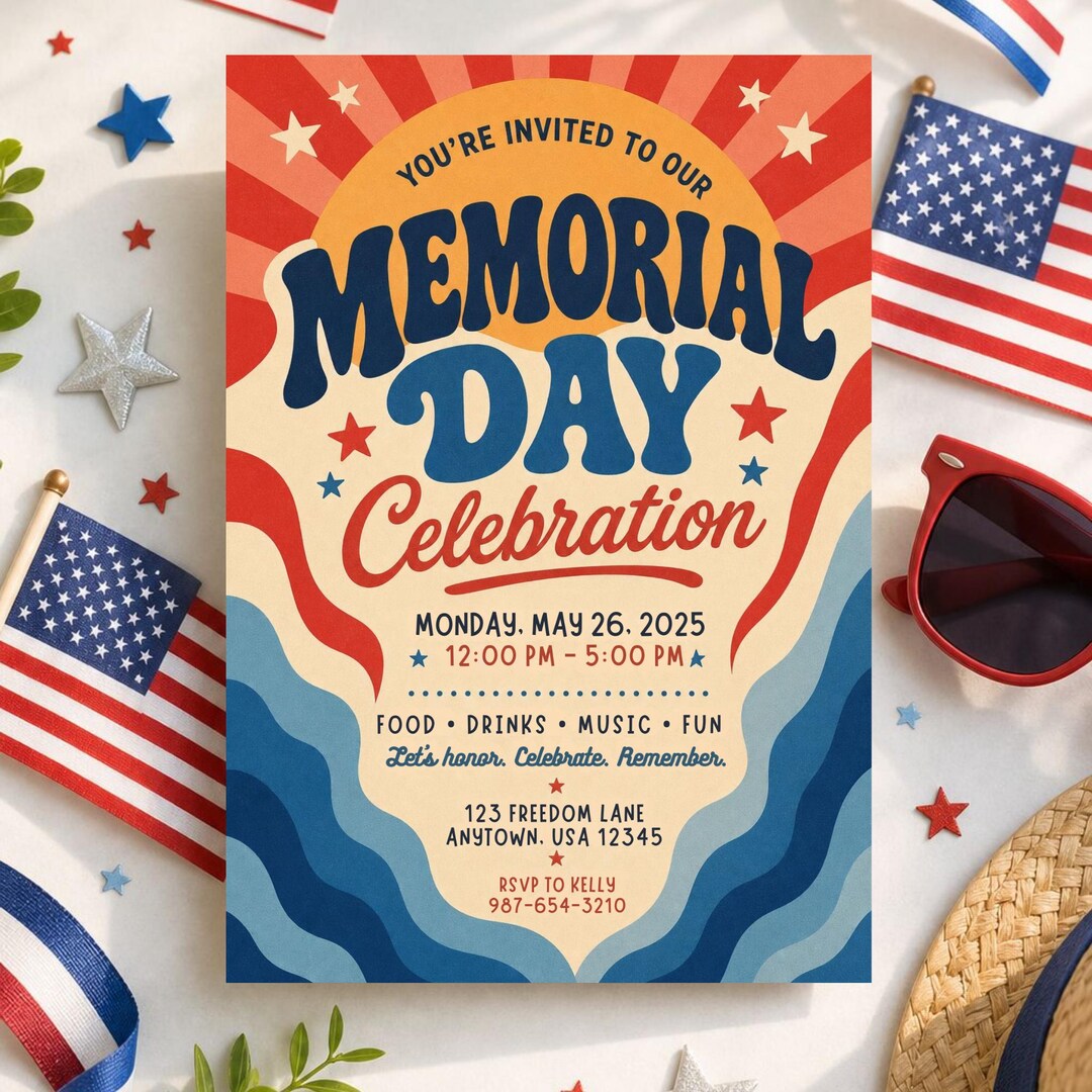 Memorial Day Invitation Template, Red White and Blue Invite, Patriotic ...