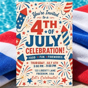 Retro 4th of July Invitation Template, Firework Collage Party Invite, Vintage Patriotic Invite, Independence Day BBQ Invite, Editable Canva