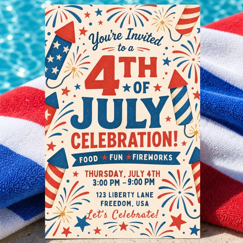 Retro 4th of July Invitation Template, Firework Collage Party Invite, Vintage Patriotic Invite, Independence Day BBQ Invite, Editable Canva