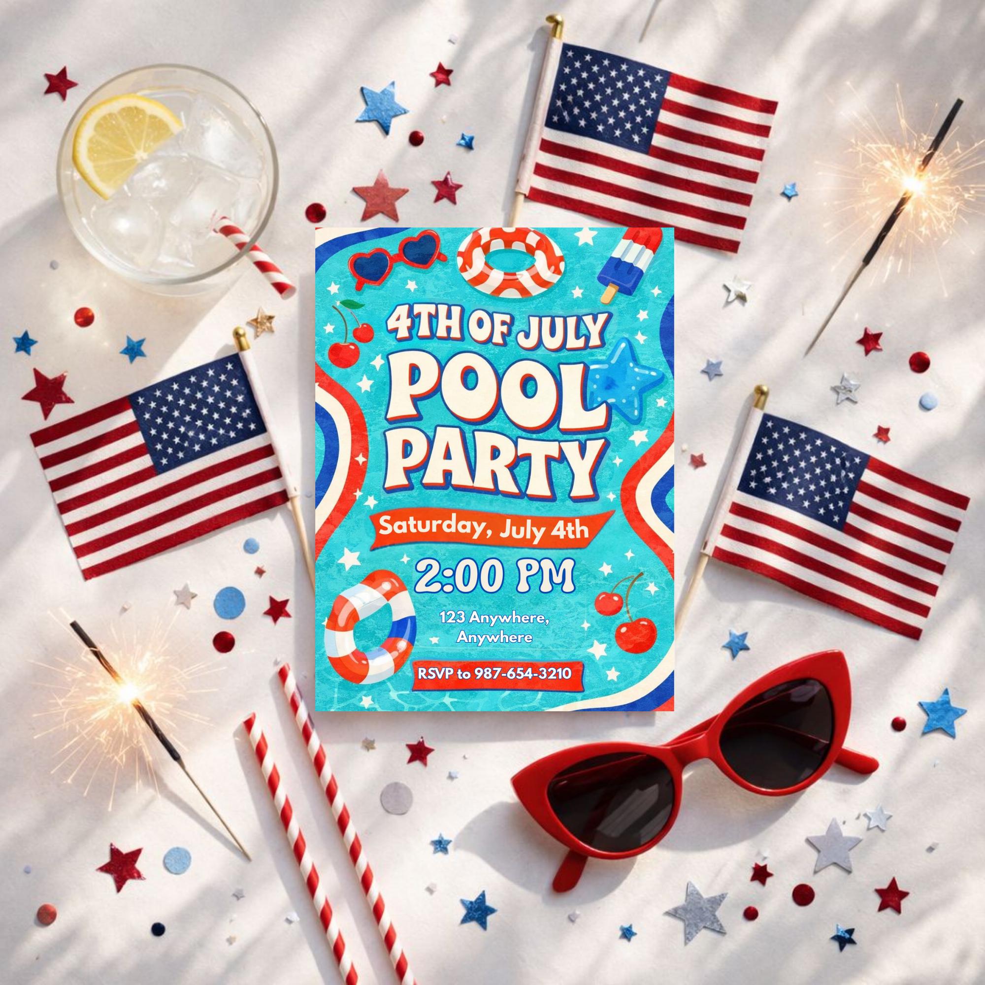 4th of July Pool Party Invitation Template, Patriotic Summer Pool ...
