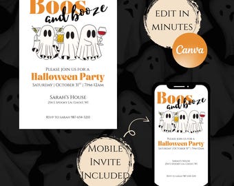 Halloween Party Einladung Digitale Halloween-Einladungsvorlage zum ausdrucken Invite Boos und Booze Geisterparty Süßes oder Saures Canva Vorlage